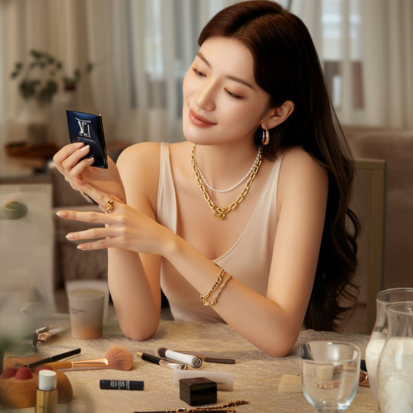 生活瞬间,美女,韩系美女,丝绸,美妆广告,家庭餐桌,4K超清,写实风格,温馨,柔和室内光,细腻皮肤,项链,耳环,手链。 生活瞬间,美女,韩系美女,丝绸,美妆广告,家庭餐桌,4K超清,写实风格,温馨,柔和室内光,细腻皮肤,项链,耳环,手链。